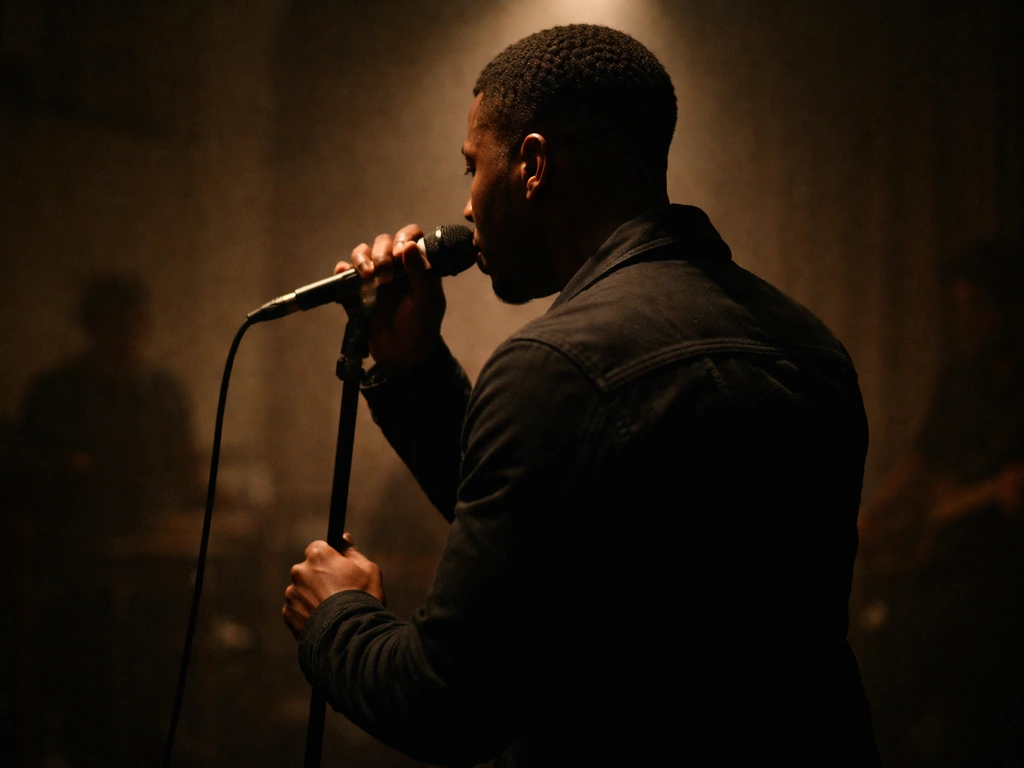 Anonymous male R&B singer performing with a microphone in a small intimate studio stage.