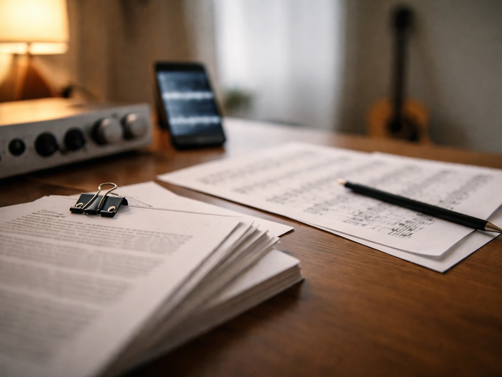 Close-up of a songwriter’s desk with sheet music and contract pages near music production gear.