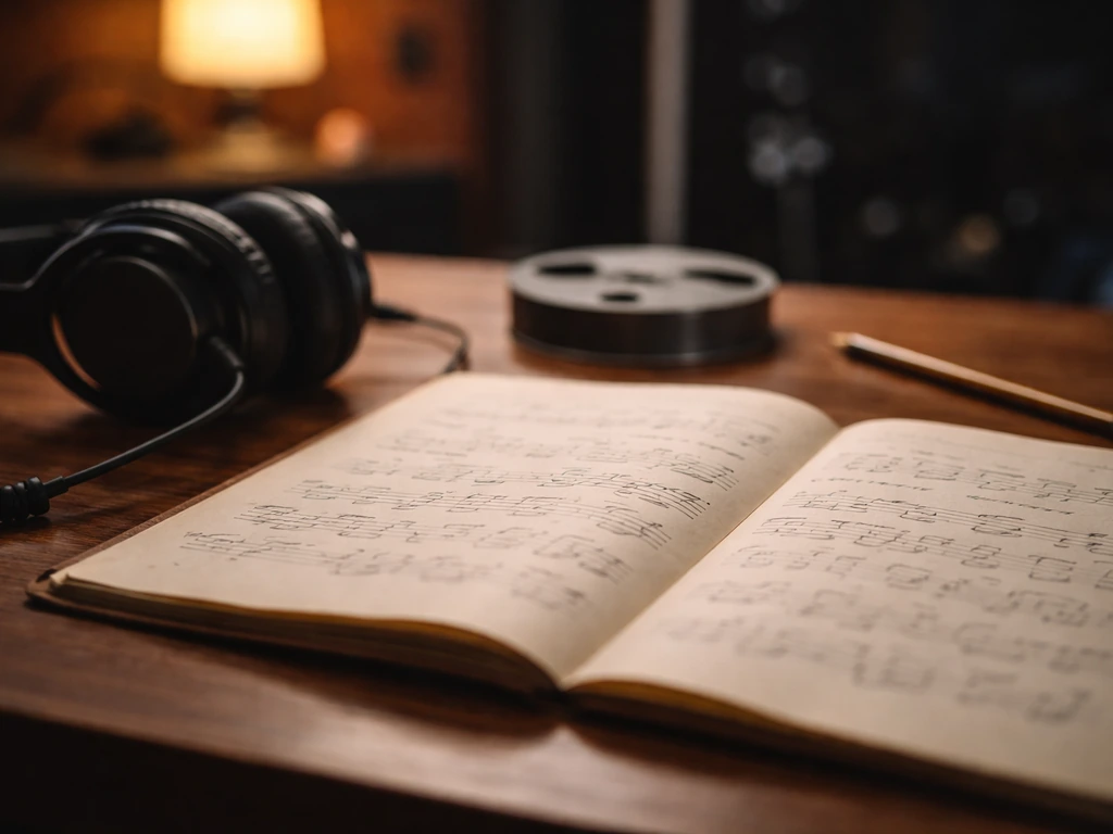 Close-up of vinyl record sleeve, studio headphones, and analog tape reel on a wooden desk.