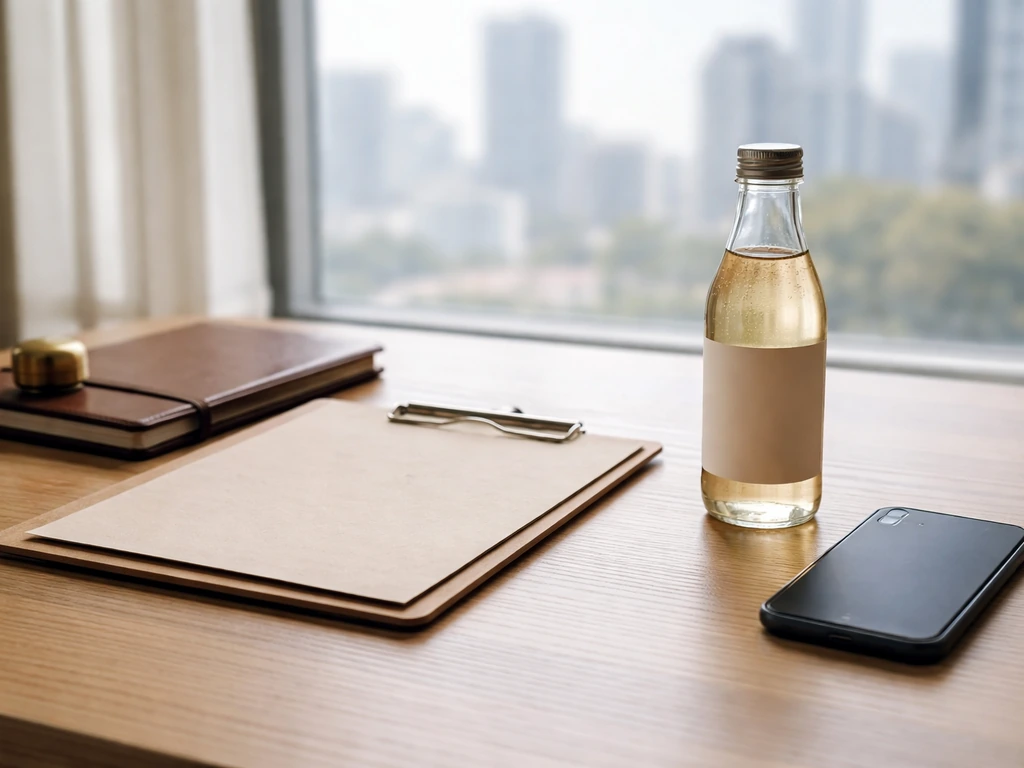Minimal desk scene with a clear sparkling beverage bottle, notebook, and window city view for a business net-worth theme