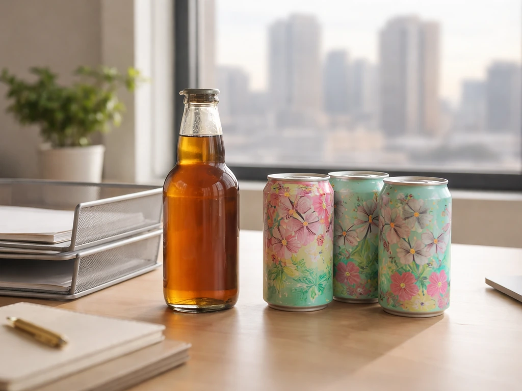 Minimal office desk with unlabeled beverage cans and bottle, blurred skyline backdrop.