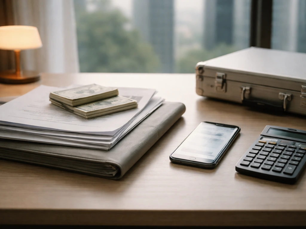 Minimal office desk with documents, calculator, briefcase, and blurred finance page suggesting valuation analysis.