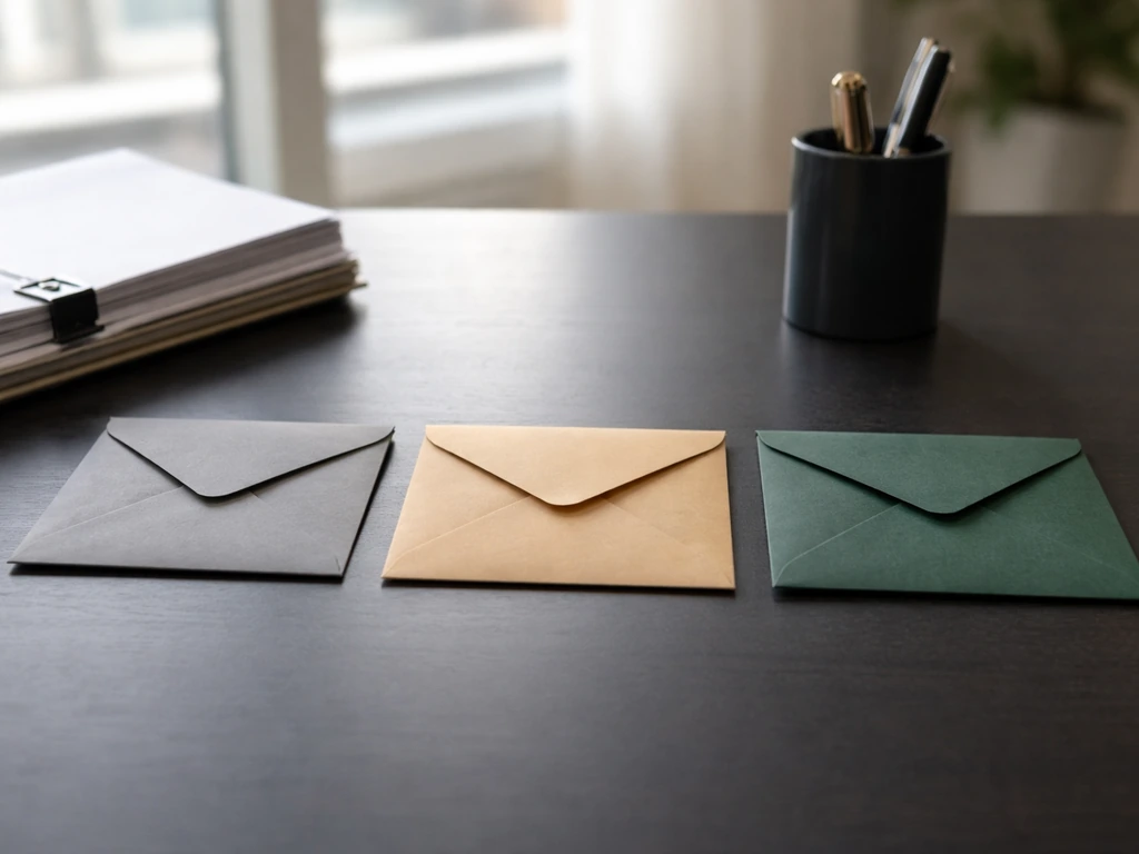 Three colored envelopes and office documents on a dark desk, symbolizing low, medium, and high net worth scenarios.