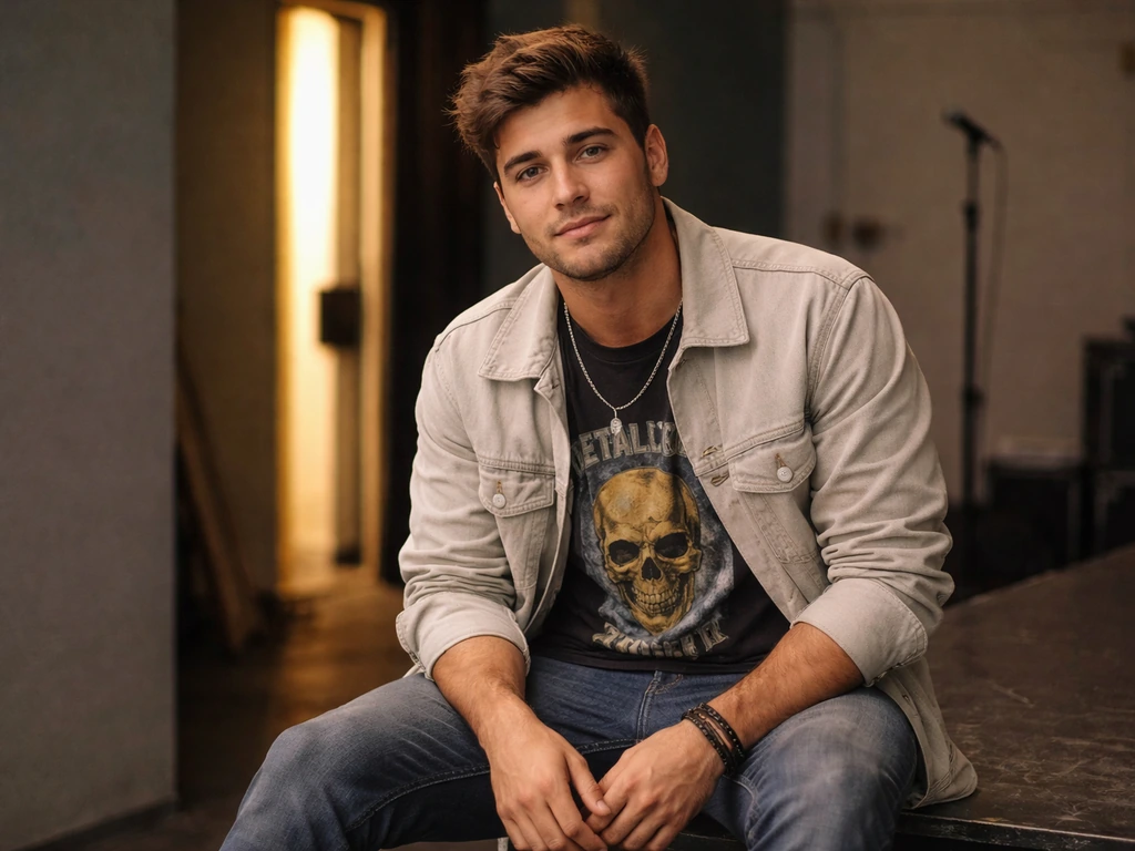 Vincent Margera lookalike in a casual MTV-era setting, leaning near a studio doorway with a relaxed smile.