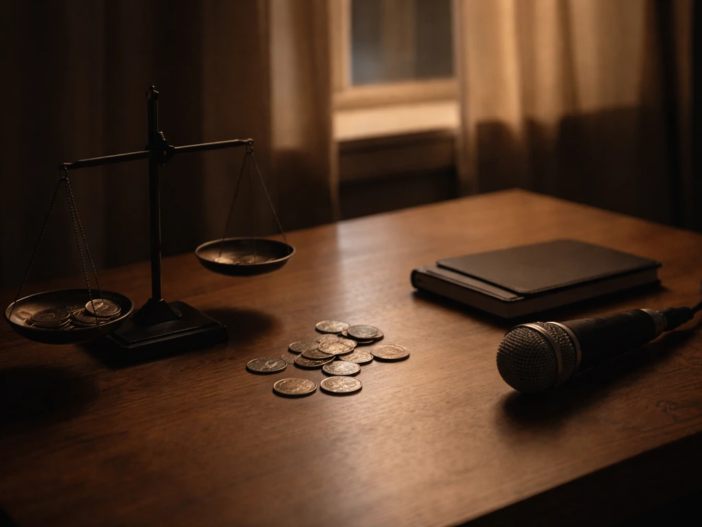 Minimal desk scene with a small balance scale and a few coins suggesting a low estimate bracket.