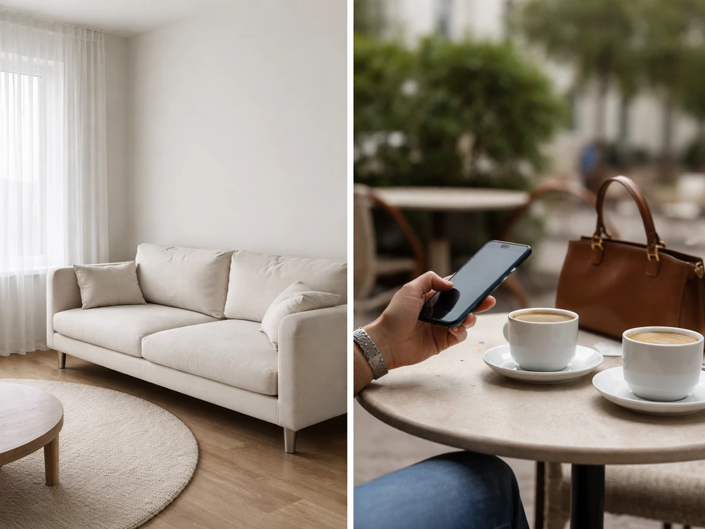 Split scene: quiet empty upscale living room on left, anonymous café lifestyle with phone and accessories on right.