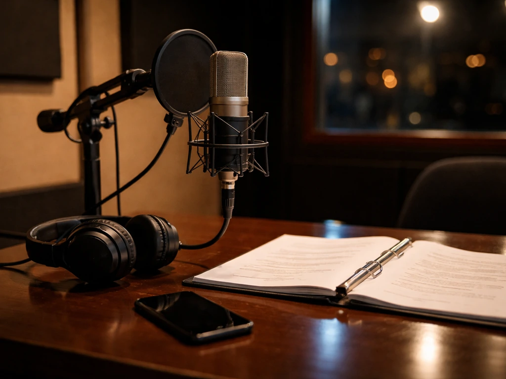 Close photo of a recording studio microphone and headphones on a desk, symbolizing voice-acting and public profile searc