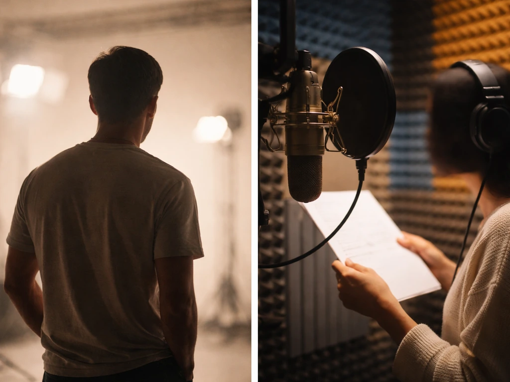 Two simple candid scenes: anonymous studio acting setup and an anonymous recording booth voiceover setup.