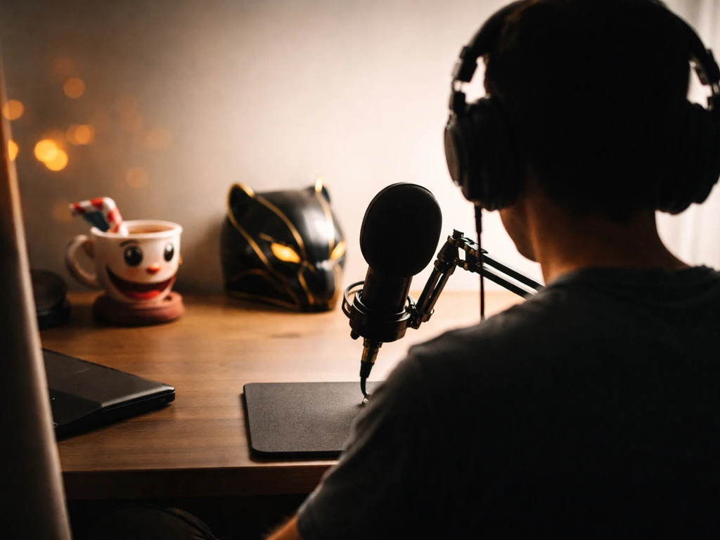 Anonymous voice actor in a home studio with microphone, plus cartoon cup prop and panther-motif mask.