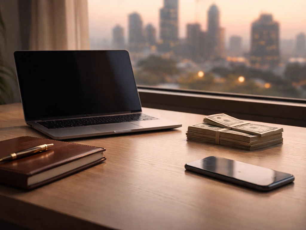 Minimal photo of a business desk with a laptop, notebook, and scattered cash near a city view at dusk