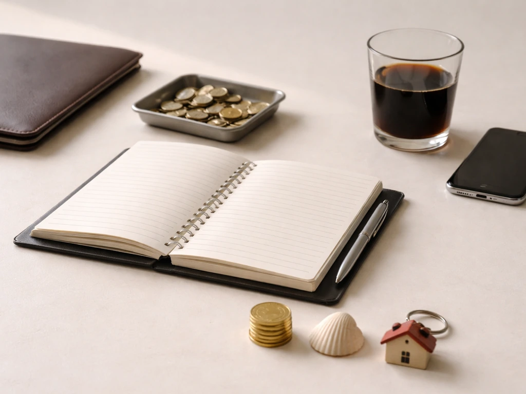 Minimal desk scene with blank notebook and small unlabeled objects symbolizing investing, royalties, and property income