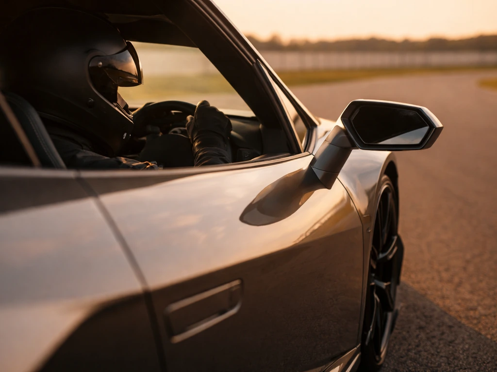Anonymous Lamborghini test-track scene with a driver in racing gear and a blurred luxury car backdrop.