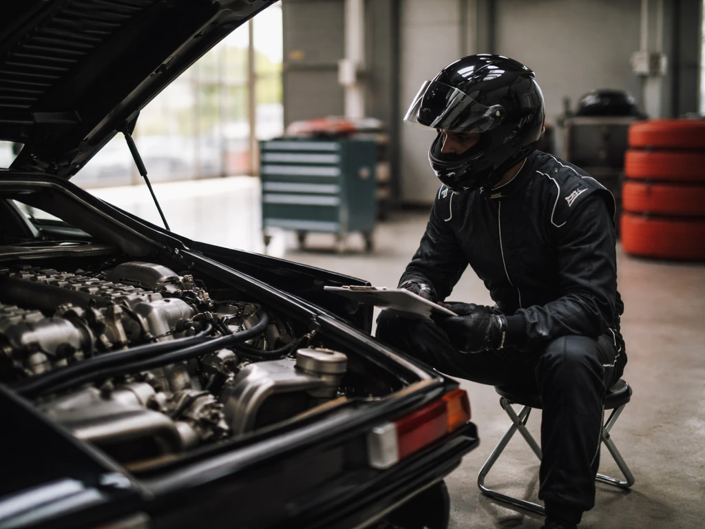 Anonymous Lamborghini test driver in a classic workshop beside an engine bay, helmeted, minimal scene.