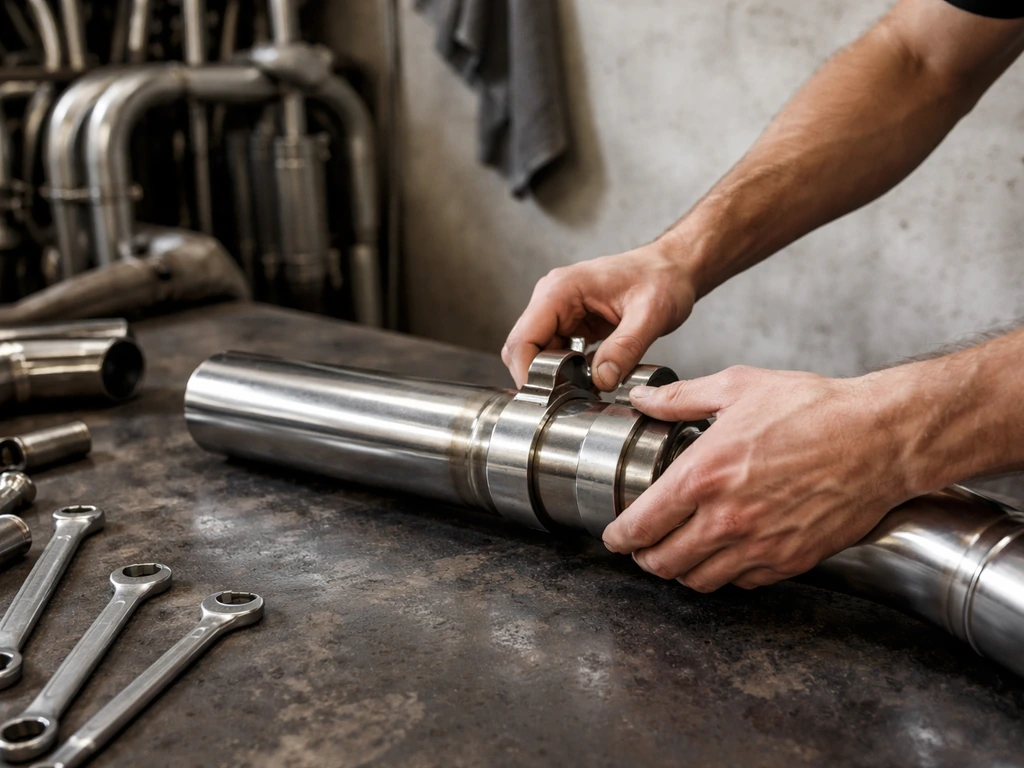 Mechanic working at a quiet auto exhaust workbench with tools and a polished metal pipe in focus.