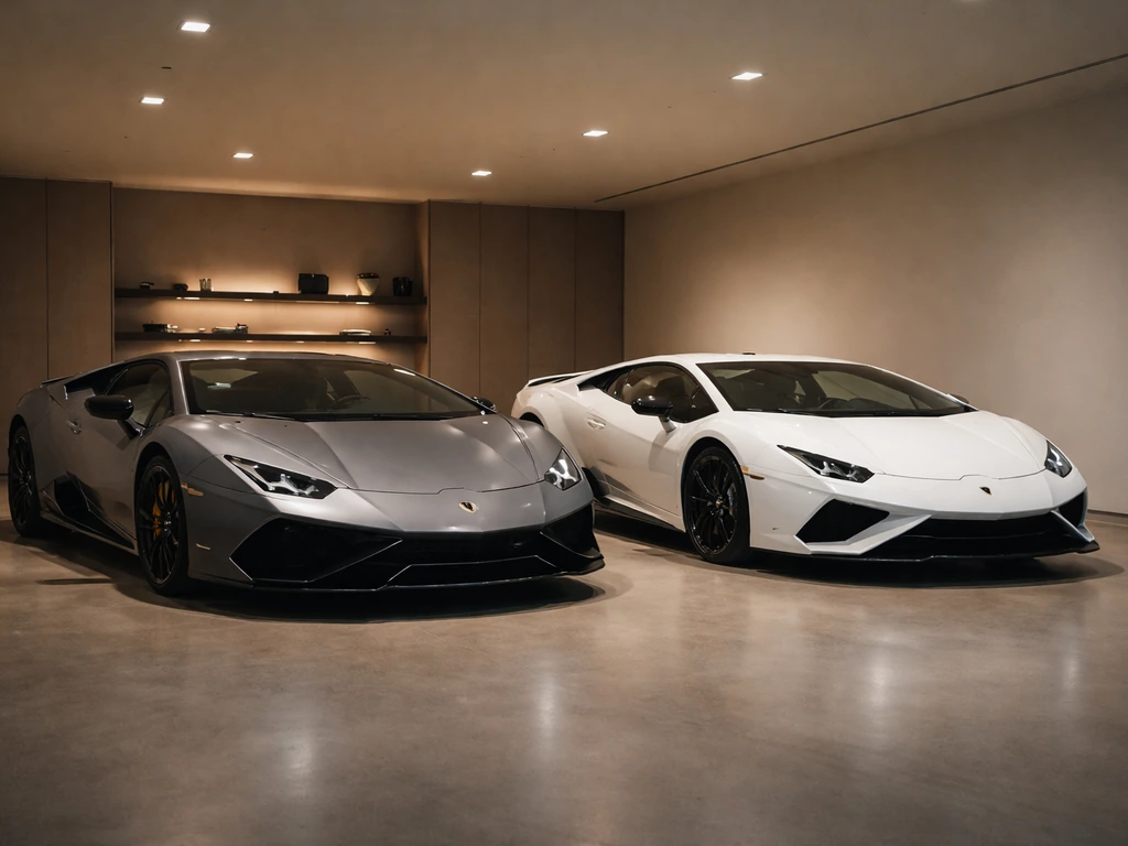Minimal luxury car garage scene with two exotic sports cars and warm ambient light.