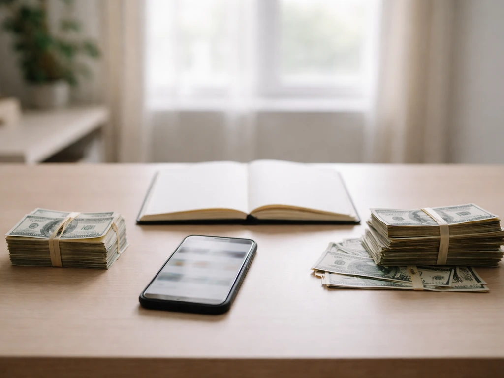 Minimal desk scene with two unlabeled money stacks and a neutral phone showing blurred financial headlines