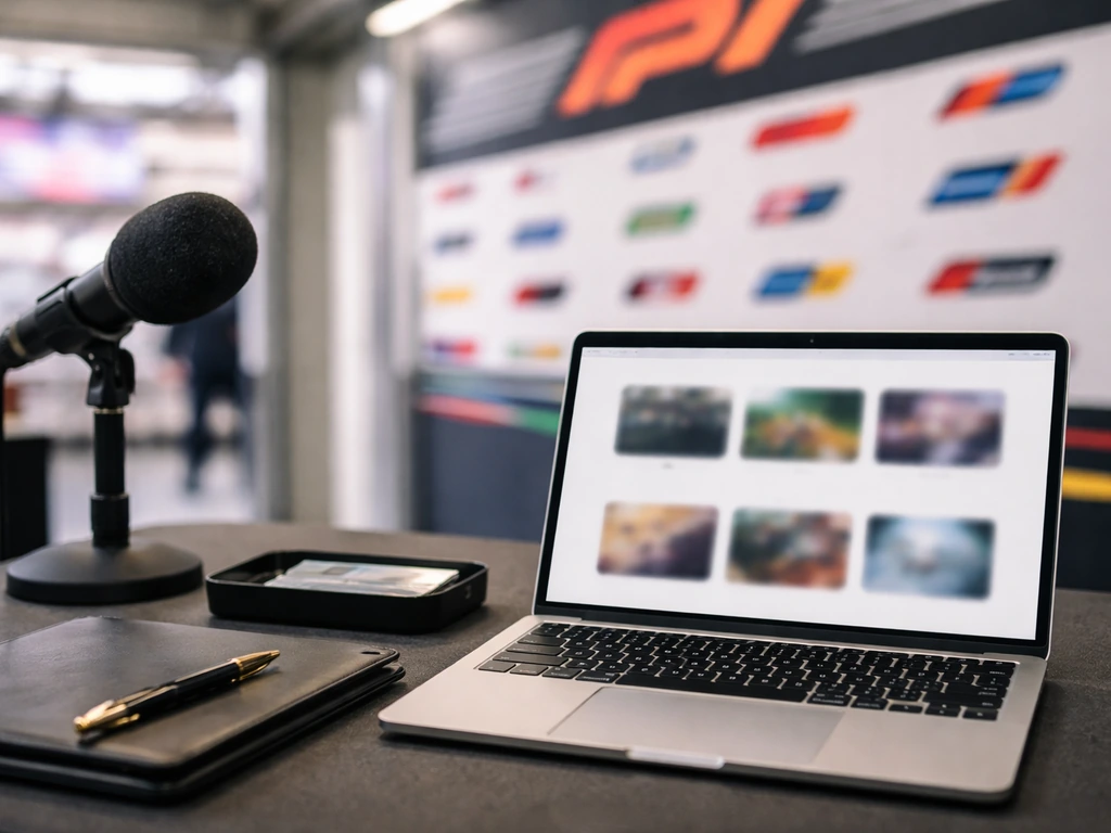 Minimal close-up of F1 race-week branding details on a sponsor wall with a laptop and microphone nearby