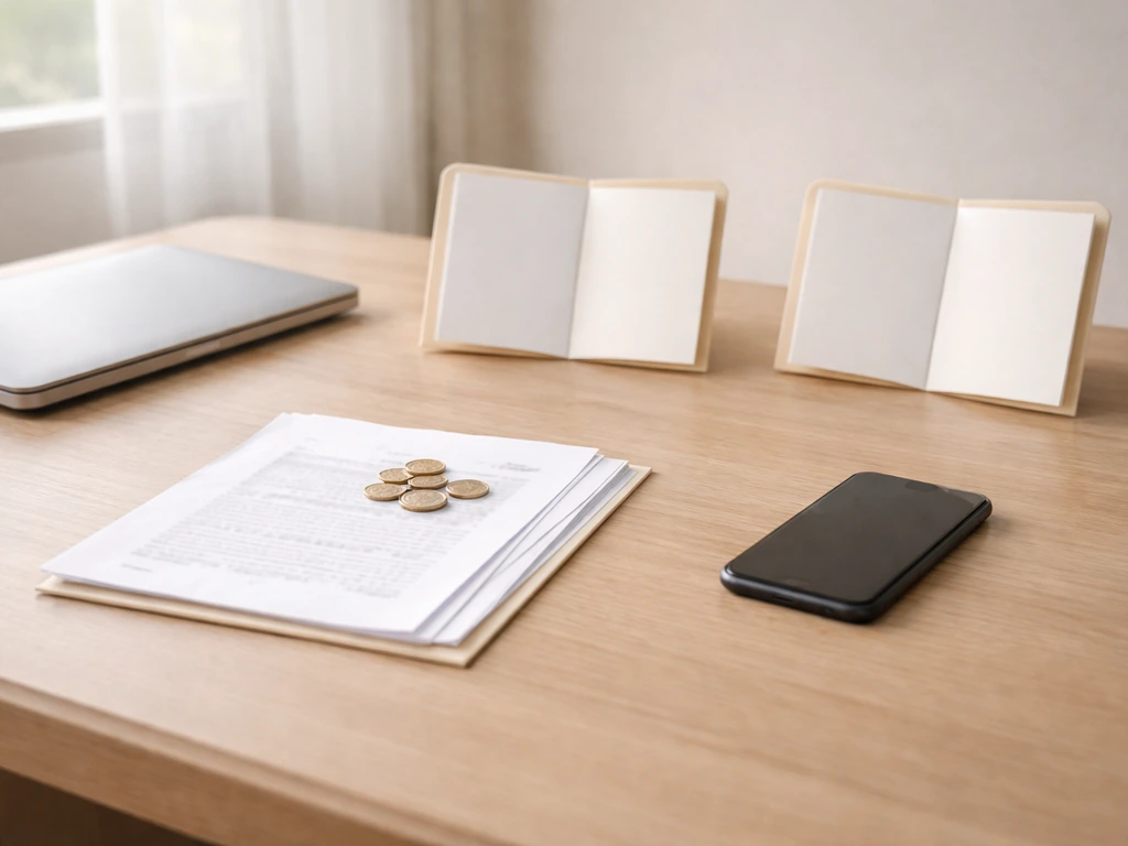 Minimal office desk scene with scattered business papers and a smartphone beside a closed laptop, suggesting conflicting