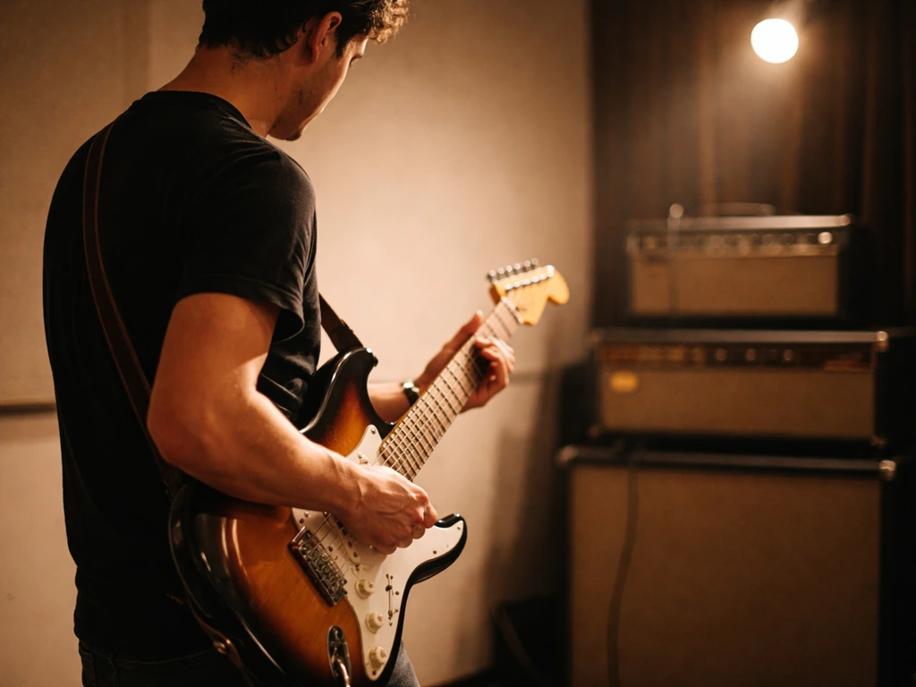 Anonymous guitarist in a music studio holding an electric guitar, evoking a glam metal era.