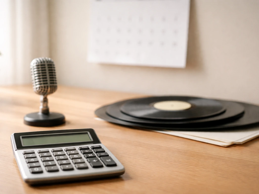 Minimal photo of a desk calculator beside a microphone and scattered music records, suggesting estimate calculation
