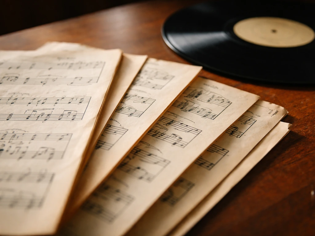 Close-up of vintage music score pages beside a closed vinyl record, symbolizing catalog ownership and royalties.
