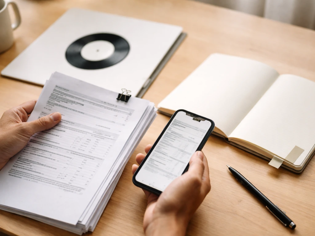 Hands on a desk with music paperwork, a smartphone, and a blank notebook for verifying an estimate