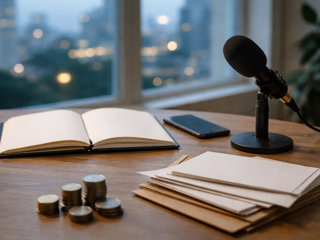 Minimal desk scene with coins, open blank notebook, and a microphone, symbolizing income and deductions.