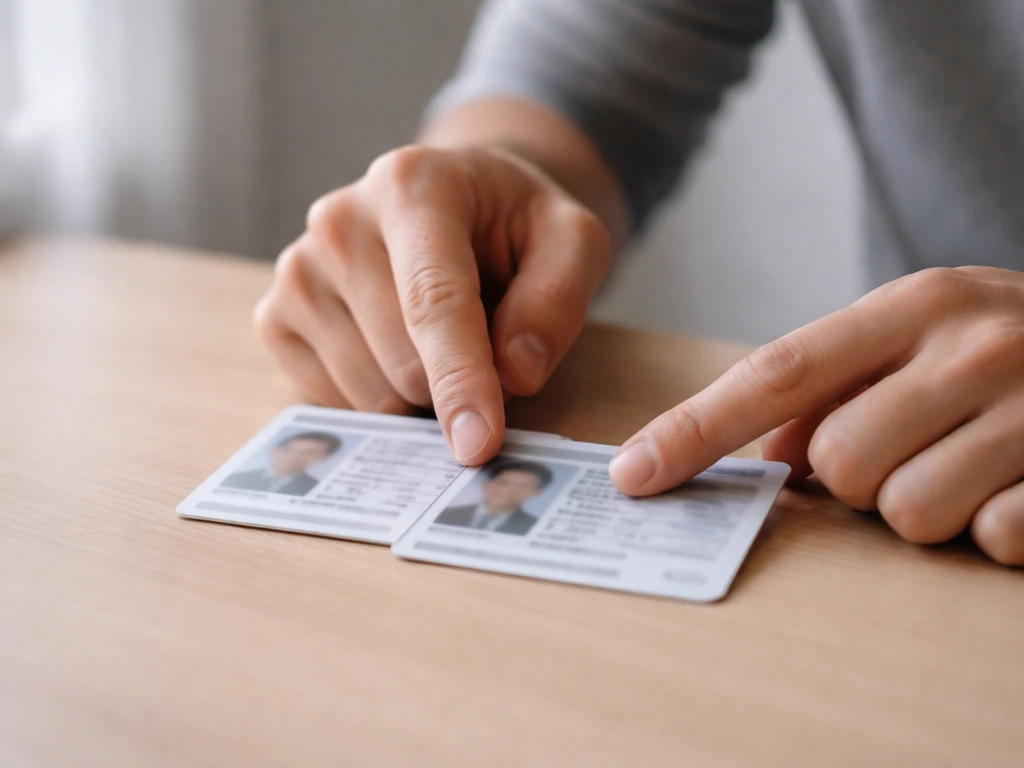 Person comparing a photo ID and a separate card on a desk to verify identity