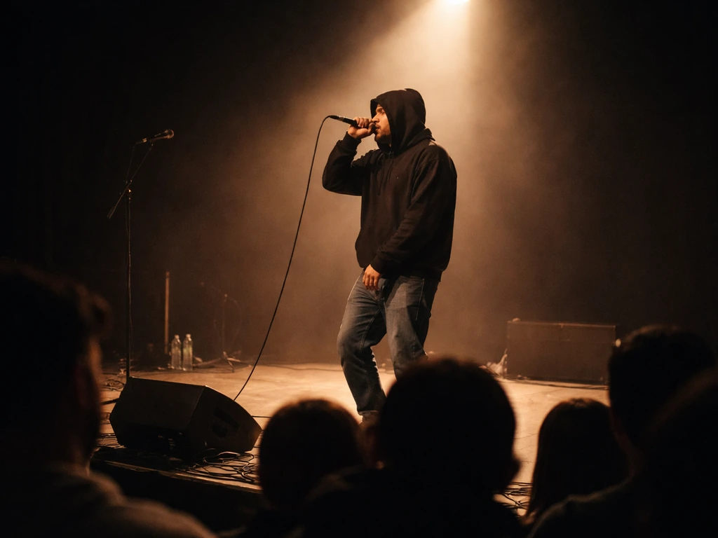 Rapper performing on a small stage with warm spotlight, audience blurred in foreground, no readable text.