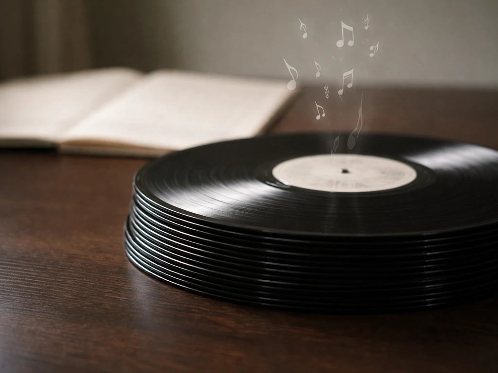 Close-up of vinyl records and floating music notes beside a softly blurred royalty-style ledger page