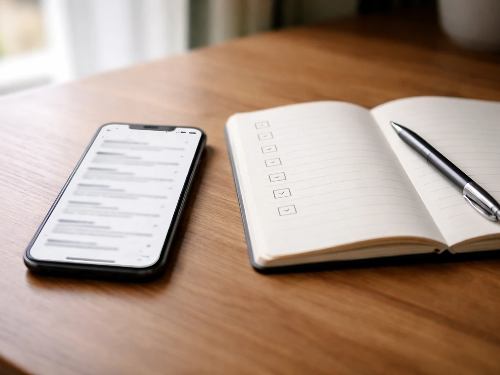 Minimal desk scene with a smartphone displaying blurred search results and a notebook for evaluating figures