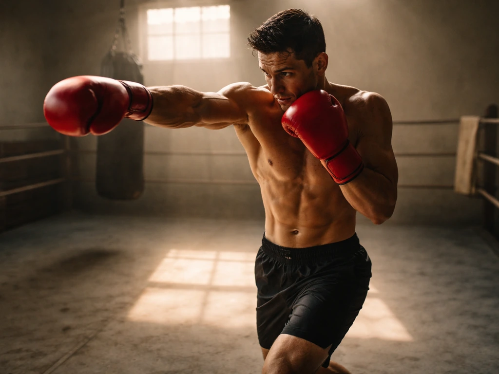 A boxer in mid-punch stance wearing red gloves in a quiet gym, dust motes in natural light.