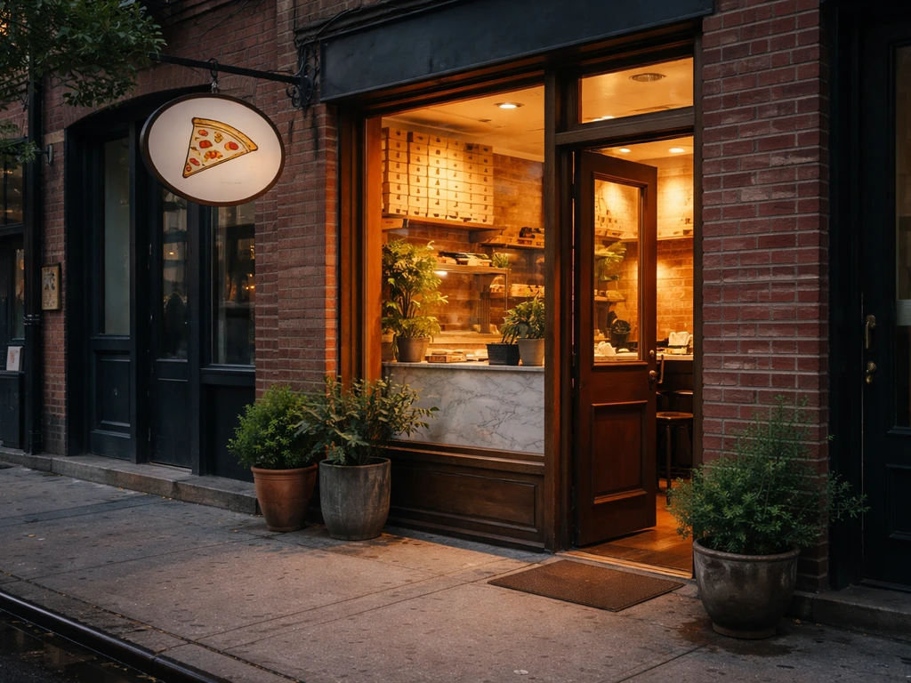 Warm-lit Brooklyn pizza shop storefront on a quiet Atlantic Avenue street, showing the business setting.