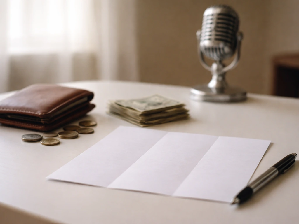 Minimal desk scene with coins, cash, and a vintage microphone suggesting a career money timeline.