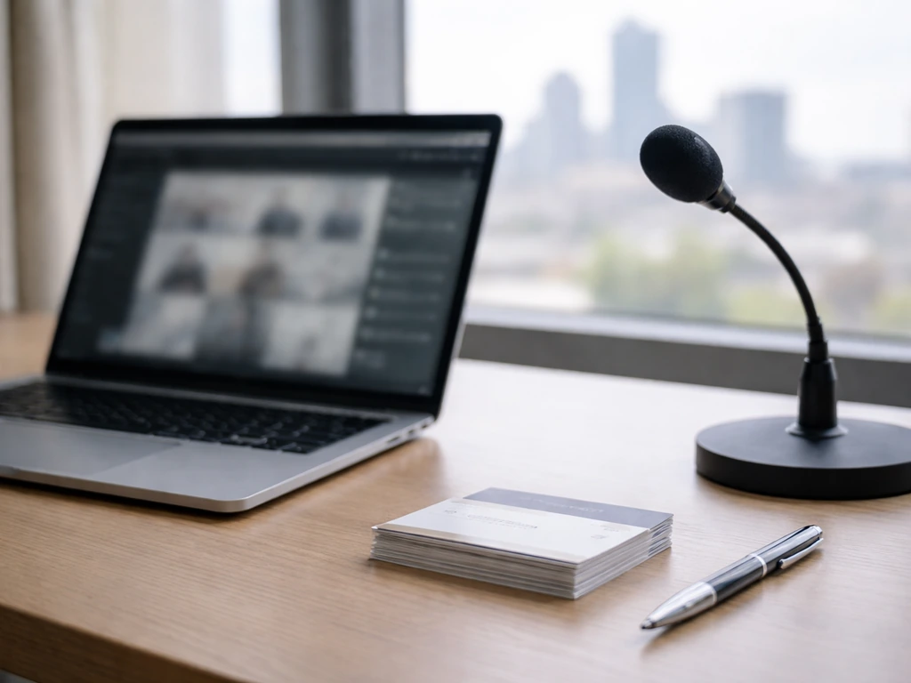 Minimal office desk with laptop and microphone, symbolizing a business leader and media presence.