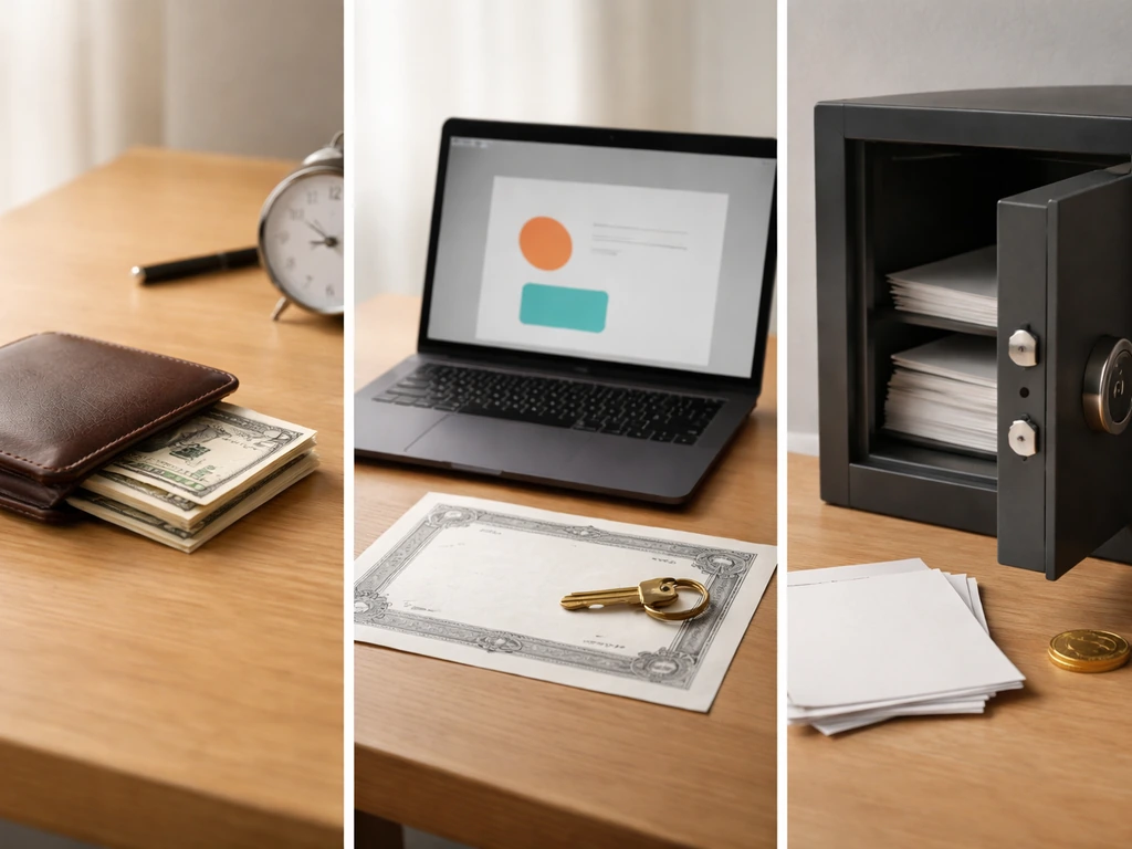 Three-panel desk scene showing cash, equity-like documents, and asset-safe objects in natural light.