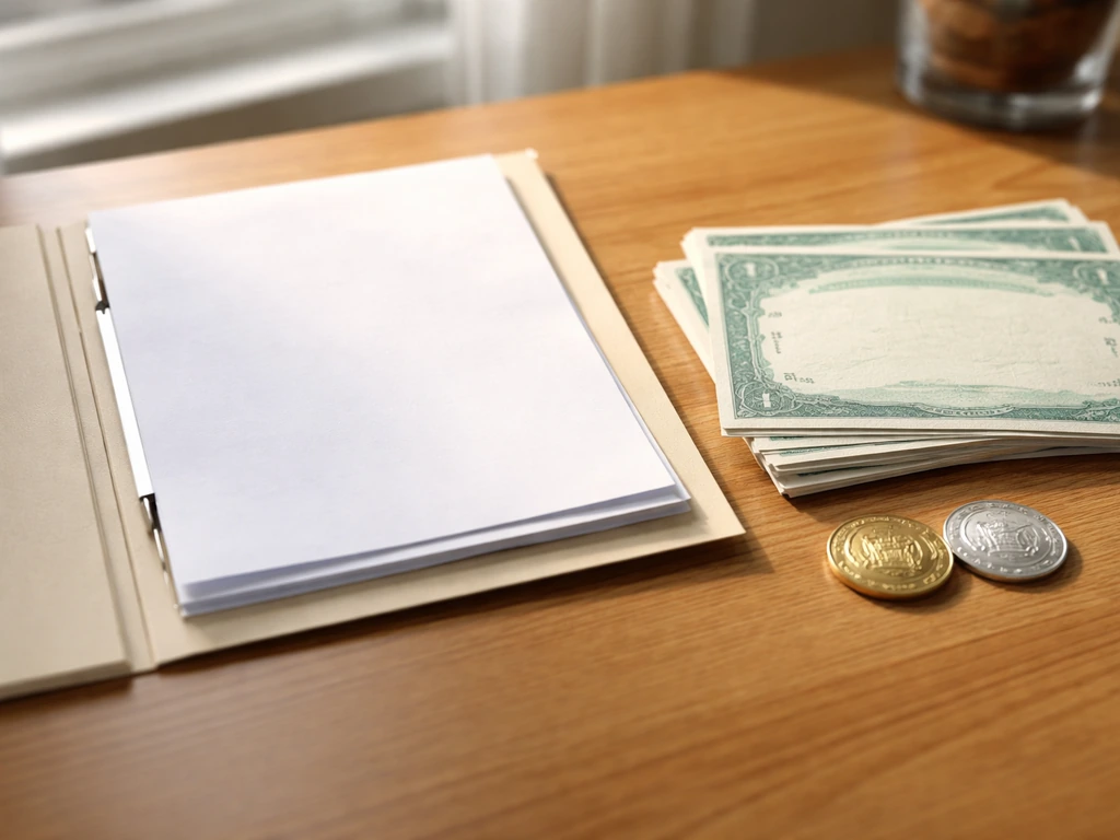 Corporate documents and abstract stock certificates on a wooden desk under natural light.