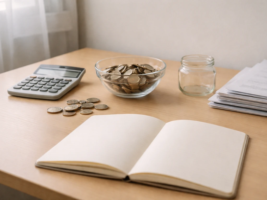 Minimal desk scene with calculator, blank documents, and coins in a glass bowl symbolizing assets-minus-liabilities.