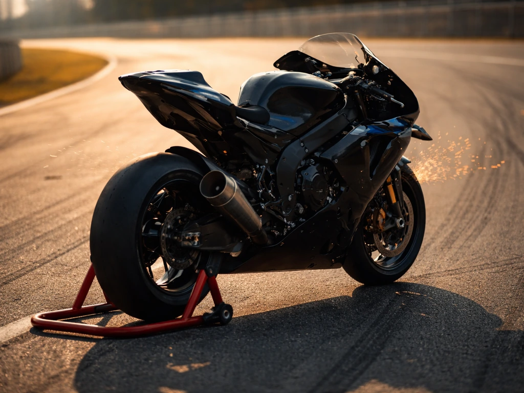 Yamaha-style MotoGP bike speeding on a racetrack with no people, symbolizing high-stakes contracts