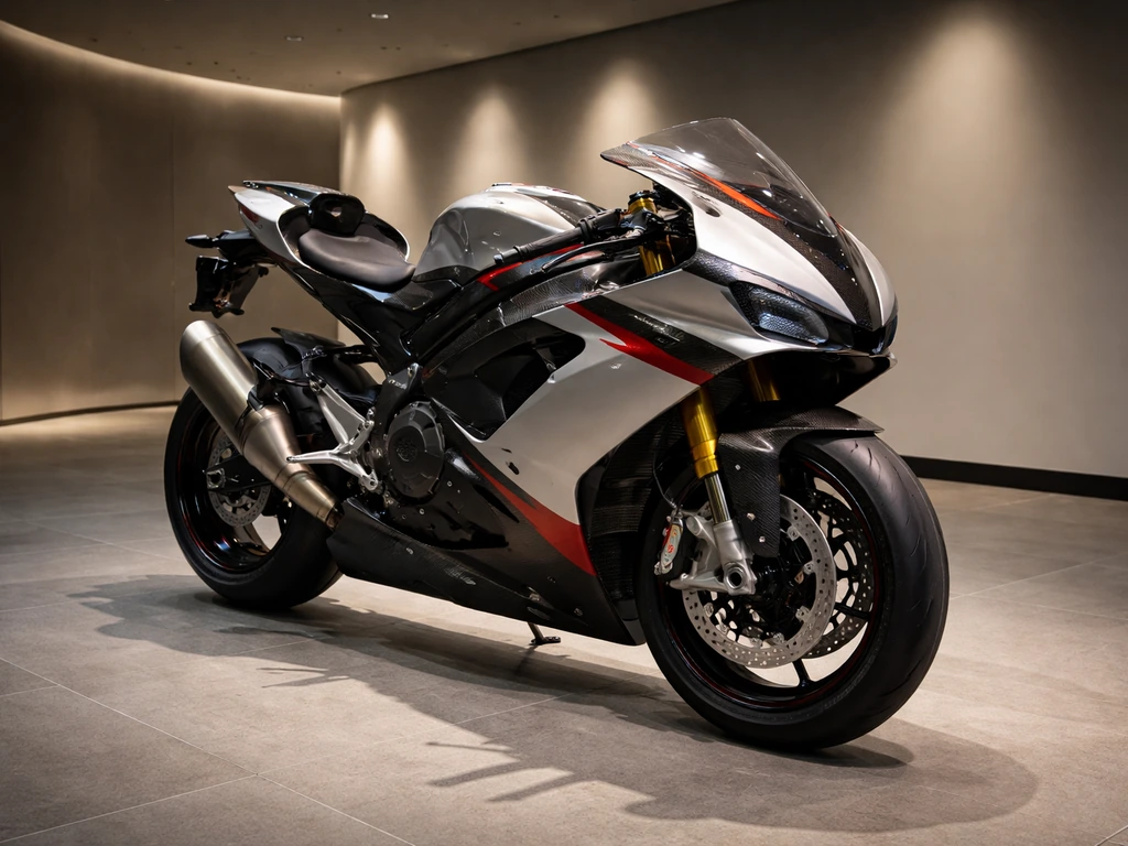 Close view of a high-end motorcycle in a quiet museum-style display area, implying wealth and collection