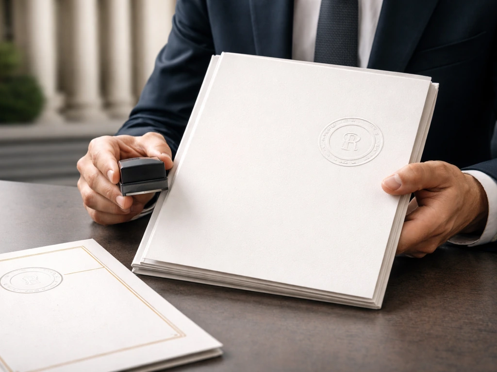 Anonymous hands on a desk with an official IP case folder and embossed seal, suggesting trademark ownership.