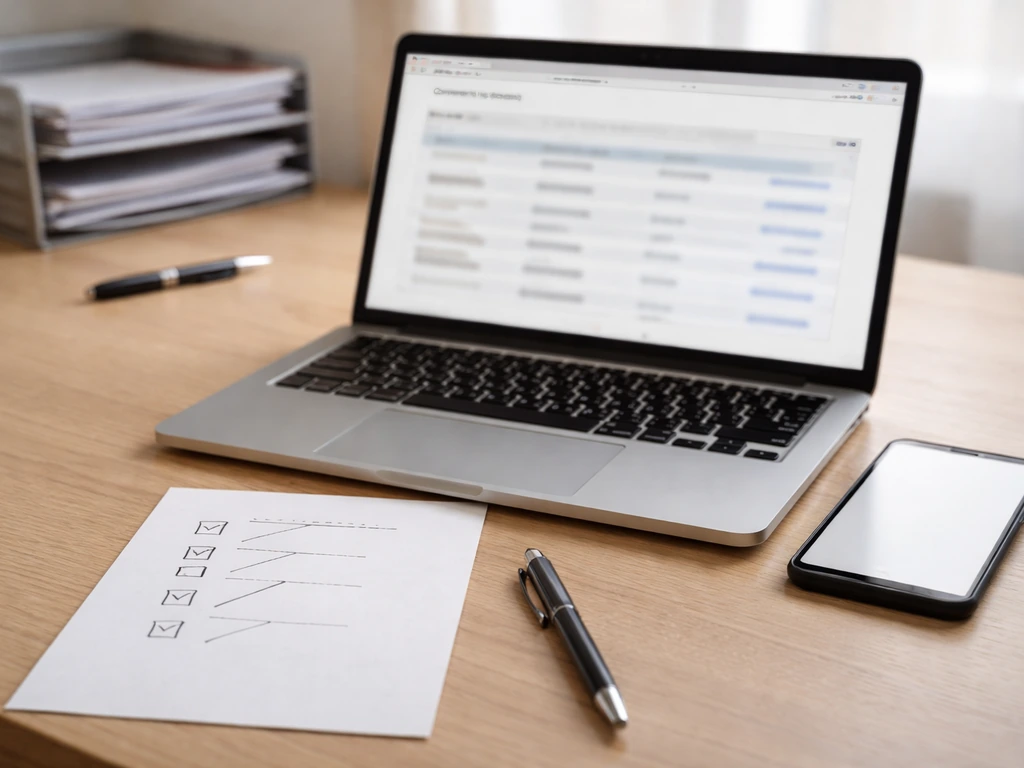 Desk setup with laptop showing blank search results and a plain checklist for verifying company records.