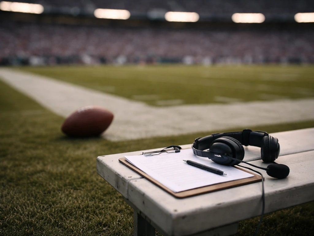 Empty NFL sideline with a football, headset, and clipboard suggesting coaching and analysis.