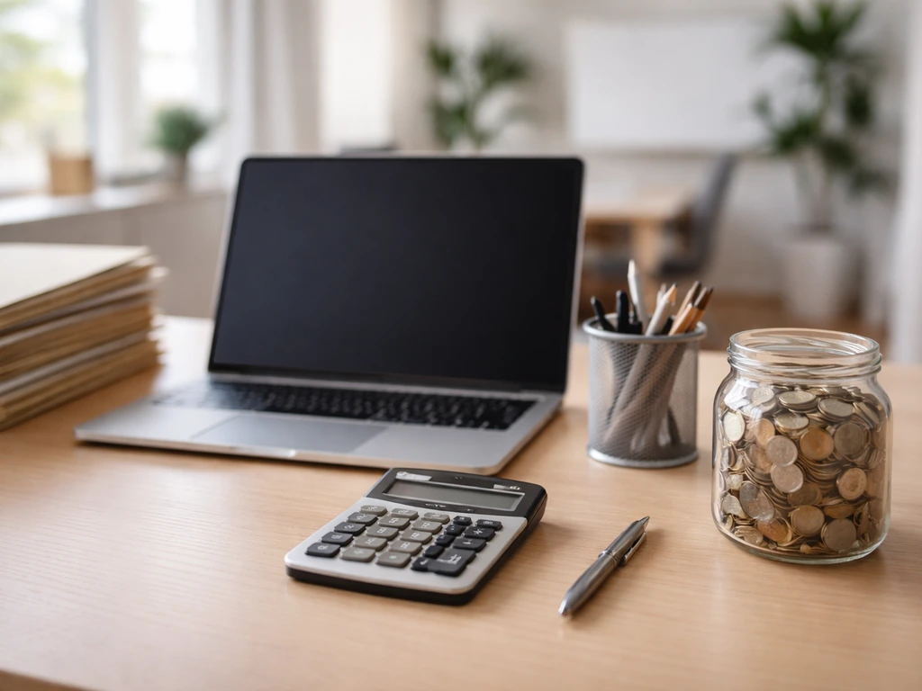Minimal office desk with calculator, coins jar, and blank laptop screen symbolizing role-based earnings analysis