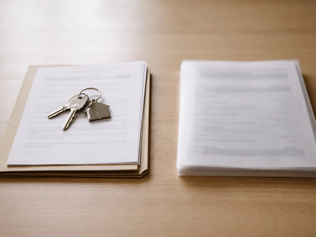 Keys on generic real estate documents next to a blurred investment portfolio, suggesting unclear public records.