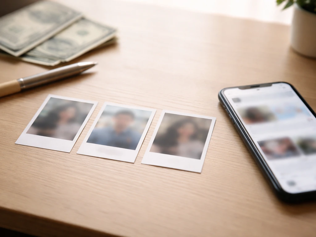 Minimal split-screen style photo showing anonymous social-media and money-related imagery, not any real person