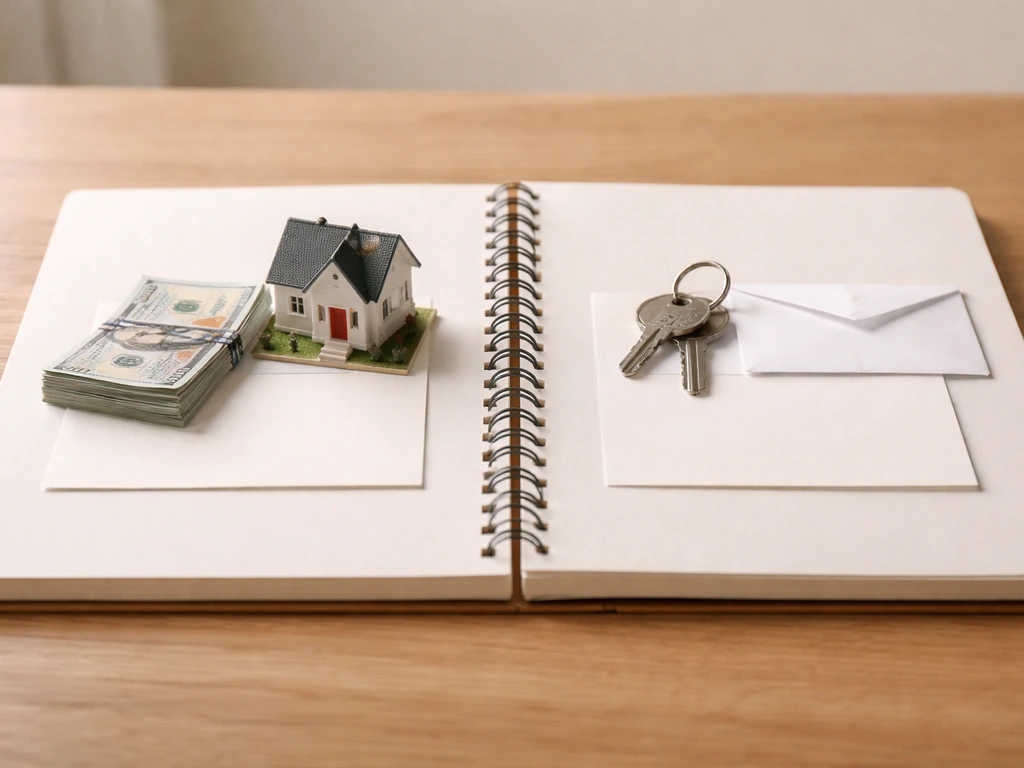 Minimal desk photo with a small house model, cash, and keys/envelope suggesting assets minus liabilities.