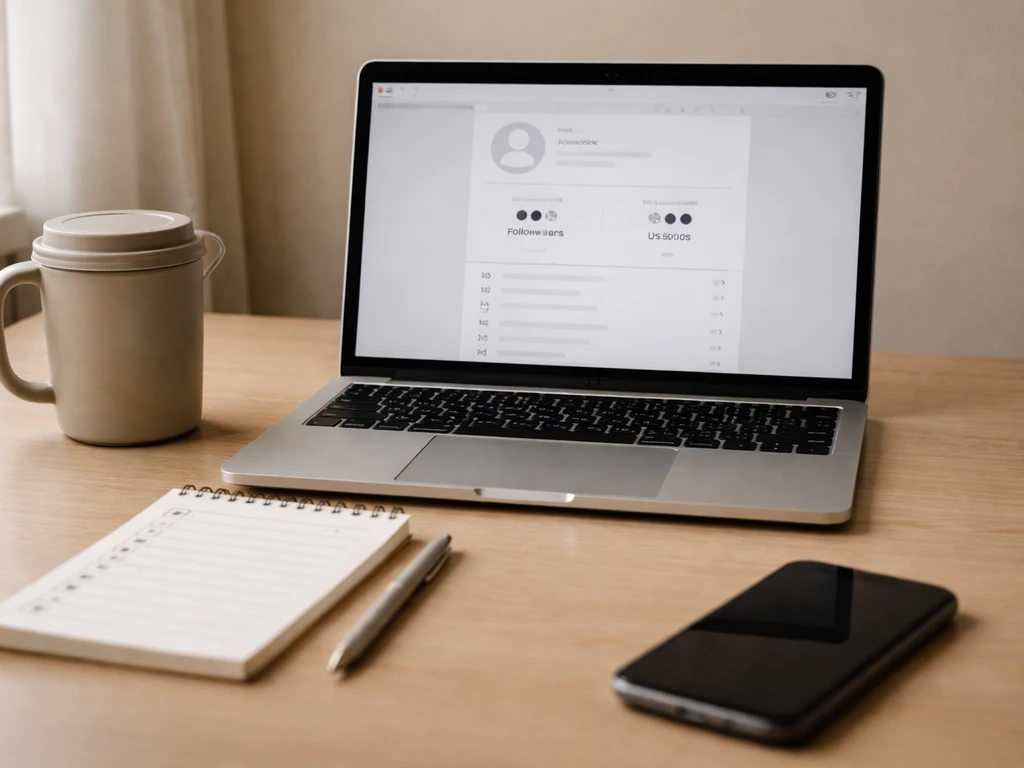 Close-up of a laptop with a generic social media profile stats panel and a simple verify checklist beside it