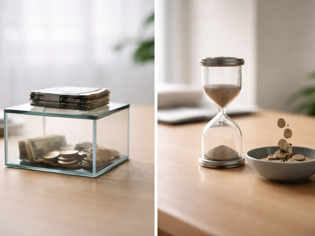 Minimal desk photo with glass box and coins weighed down versus hourglass and coins falling to bowl.