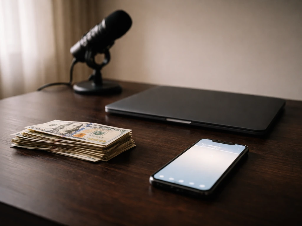 Minimal desk scene with cash and a smartphone showing a generic social-media vibe, symbolizing net worth range.